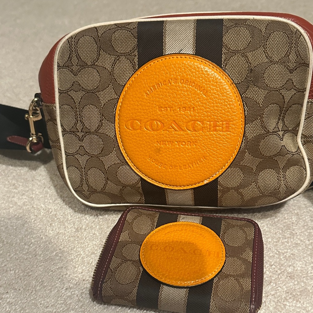 Coach Tan and Orange Crossbody Bag with Wallet